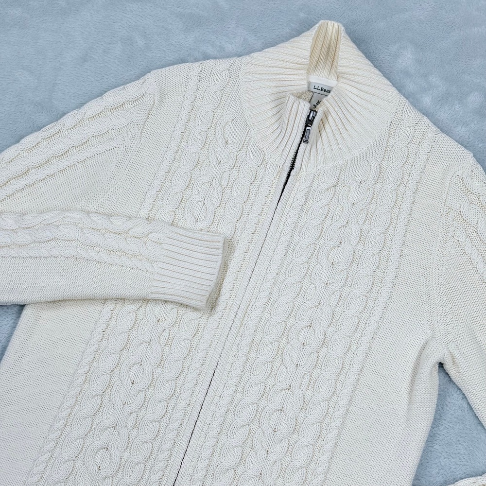 LL Bean Cable Knit Cardigan Sweater Mens Medium Cream Full Zip Mock Neck Cotton